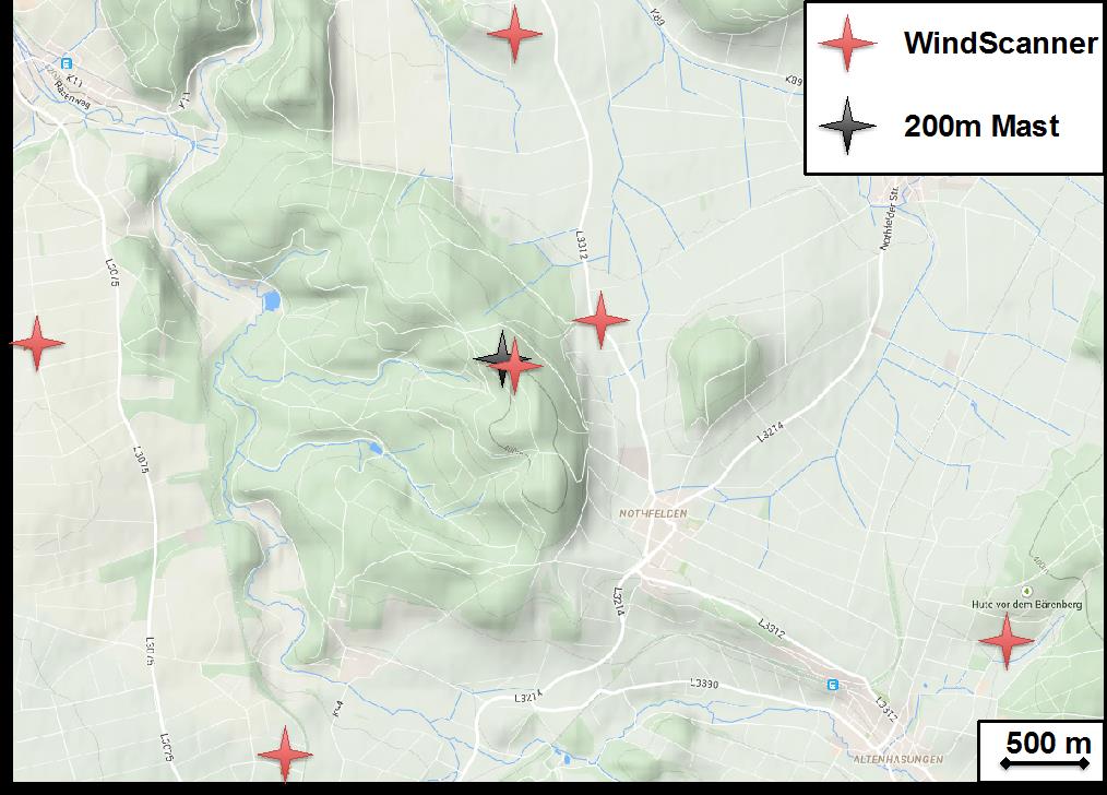 Positions of WindScanners and met mast